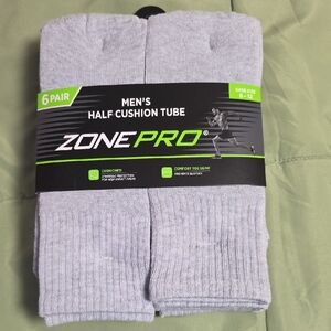 Zone Pro Men's Half Cushion Crew Socks, Size 6-12, Light Gray, 6 pk
